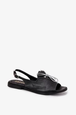 Damskie Zazoo 2898 Skórzane Płaskie Sandały Czarne