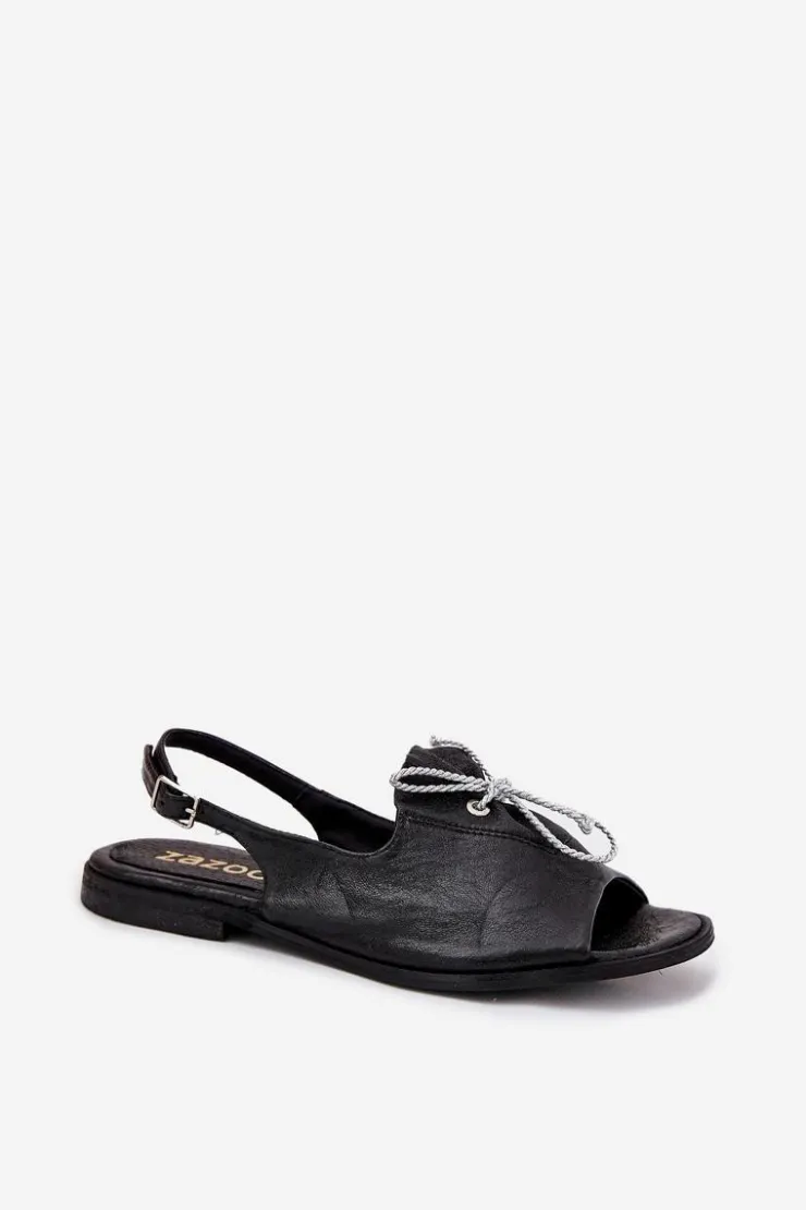 Damskie Zazoo 2898 Skórzane Płaskie Sandały Czarne