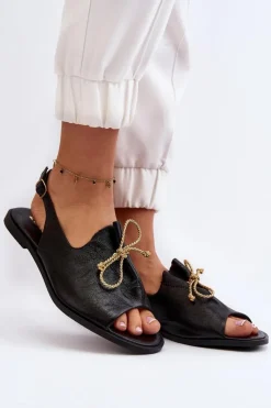 Clearance Zazoo 2898 Skórzane Płaskie Sandały Czarne Czarny