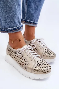 Zazoo Półbuty Skórzane*2821 Skórzane Półbuty Damskie Ażurowe Złote Szary