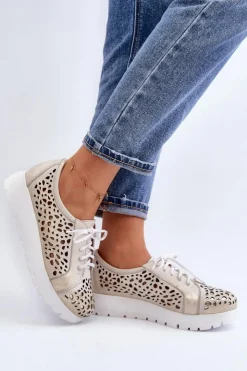 Zazoo Półbuty Skórzane*2821 Skórzane Półbuty Damskie Ażurowe Złote Szary