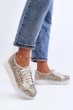 Zazoo Półbuty Skórzane*2821 Skórzane Półbuty Damskie Ażurowe Złote Szary