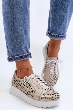 Zazoo Półbuty Skórzane*2821 Skórzane Półbuty Damskie Ażurowe Złote Szary