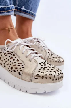 Zazoo Półbuty Skórzane*2821 Skórzane Półbuty Damskie Ażurowe Złote Szary