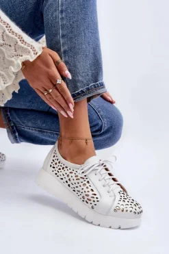 Discount Zazoo 2821 Skórzane Półbuty Damskie Ażurowe Jasnoszare Szary