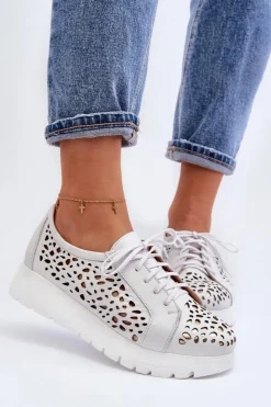 Discount Zazoo 2821 Skórzane Półbuty Damskie Ażurowe Jasnoszare Szary