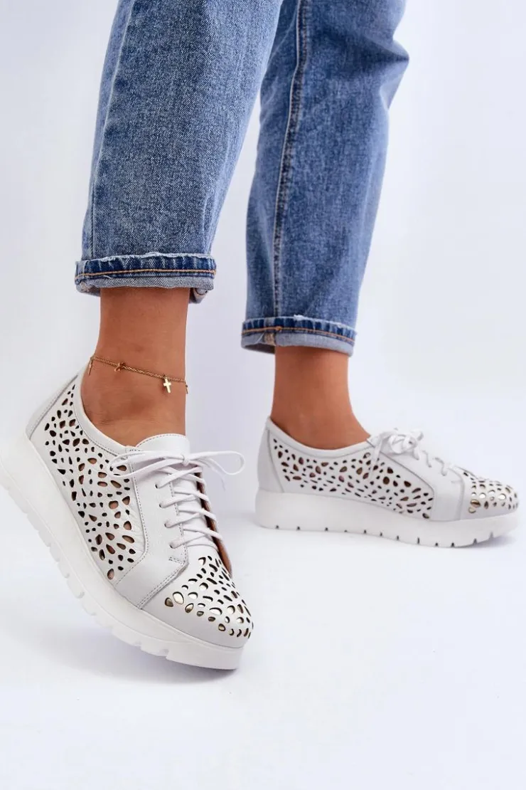 Discount Zazoo 2821 Skórzane Półbuty Damskie Ażurowe Jasnoszare Szary