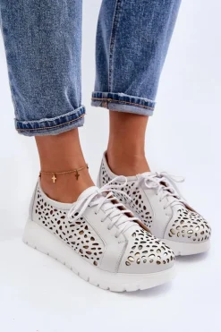 Discount Zazoo 2821 Skórzane Półbuty Damskie Ażurowe Jasnoszare Szary