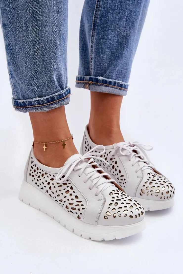 Discount Zazoo 2821 Skórzane Półbuty Damskie Ażurowe Jasnoszare Szary