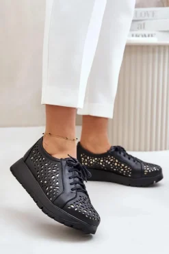 Best Zazoo 2973 Skórzane Półbuty Na Platformie Z Ażurowym Wzorem Czarne Czarny