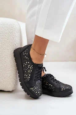 Best Zazoo 2973 Skórzane Półbuty Na Platformie Z Ażurowym Wzorem Czarne Czarny