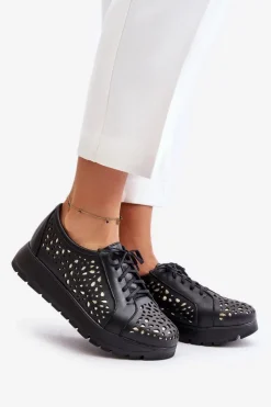 Best Zazoo 2973 Skórzane Półbuty Na Platformie Z Ażurowym Wzorem Czarne Czarny