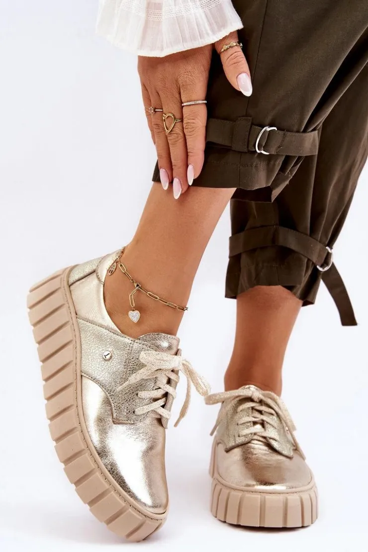 Damskie Zazoo 10128 Skórzane Półbuty Na Platformie Złote