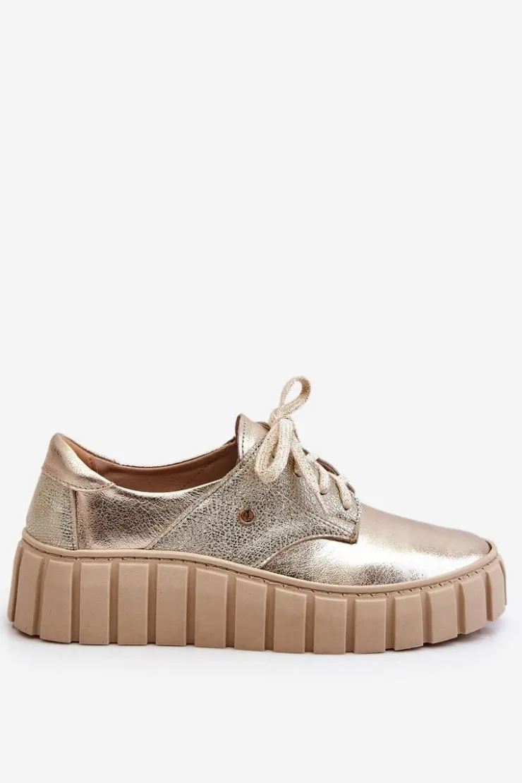 Damskie Zazoo 10128 Skórzane Półbuty Na Platformie Złote