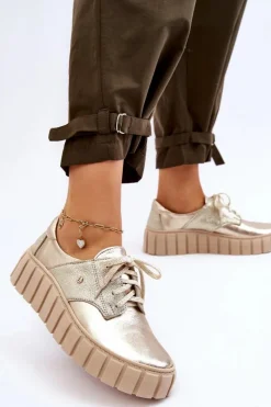 Damskie Zazoo 10128 Skórzane Półbuty Na Platformie Złote