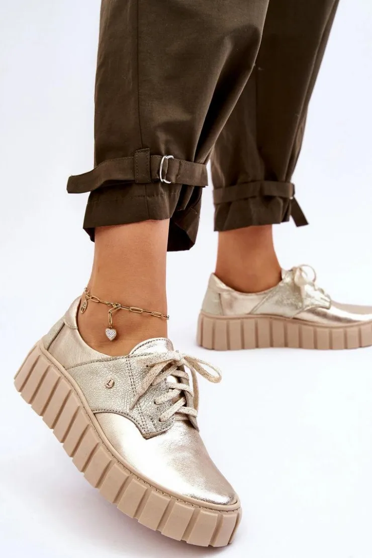 Damskie Zazoo 10128 Skórzane Półbuty Na Platformie Złote