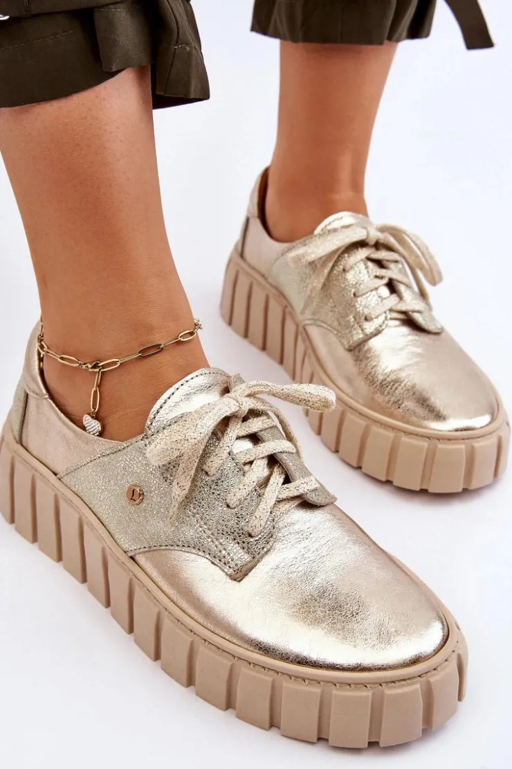 Damskie Zazoo 10128 Skórzane Półbuty Na Platformie Złote