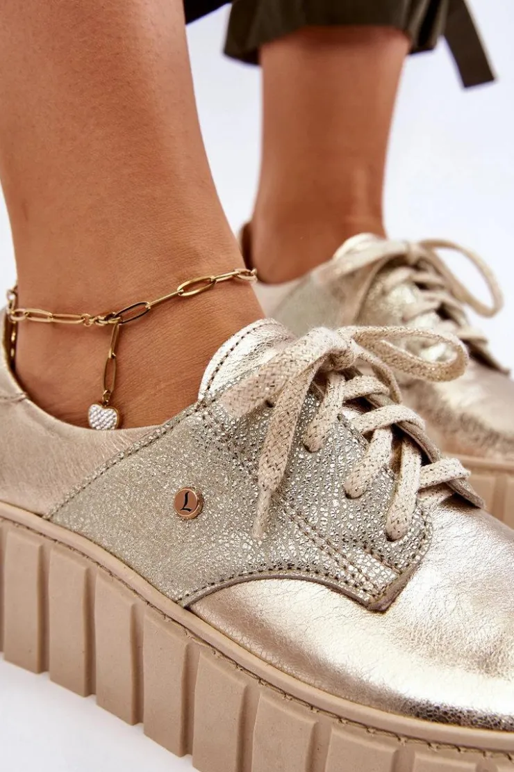 Damskie Zazoo 10128 Skórzane Półbuty Na Platformie Złote