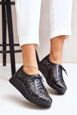 Damskie Zazoo 2973 Skórzane Półbuty Na Platformie Z Ażurowym Wzorem Czarne