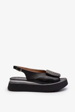 Zazoo Sandały Płaskie*1786 Skórzane Sandały Damskie Na Platformie Z Ozdobą Czarne