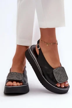 Zazoo Sandały Płaskie*1786 Skórzane Sandały Damskie Na Platformie Z Ozdobą Czarne