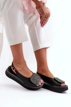 Zazoo Sandały Płaskie*1786 Skórzane Sandały Damskie Na Platformie Z Ozdobą Czarne