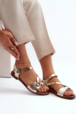 Zazoo Sandały Płaskie*40182 Skórzane Sandały Damskie Złote Złoty