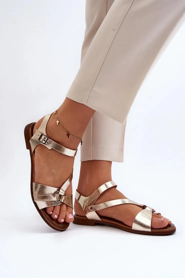 Zazoo Sandały Płaskie*40182 Skórzane Sandały Damskie Złote Złoty