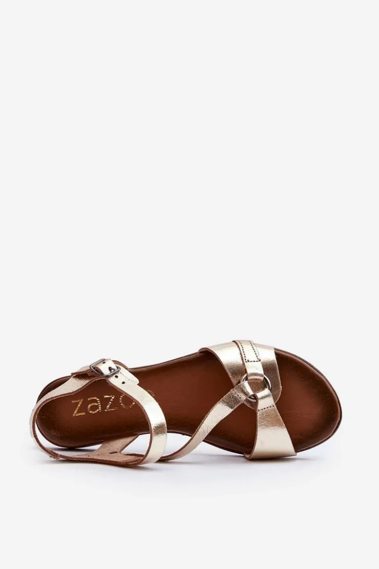 Zazoo Sandały Płaskie*40182 Skórzane Sandały Damskie Złote Złoty