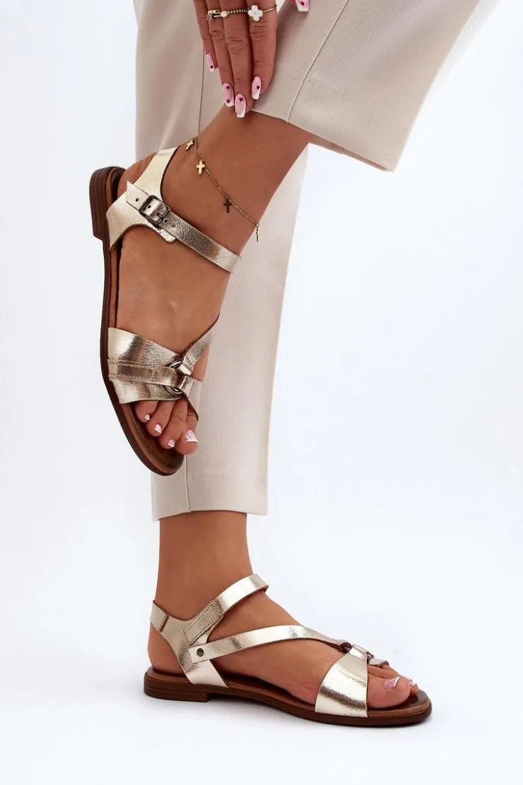 Zazoo Sandały Płaskie*40182 Skórzane Sandały Damskie Złote Złoty