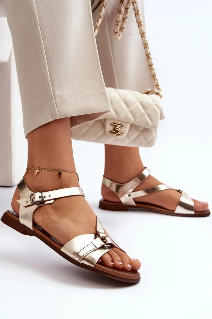 Zazoo Sandały Płaskie*40182 Skórzane Sandały Damskie Złote Złoty