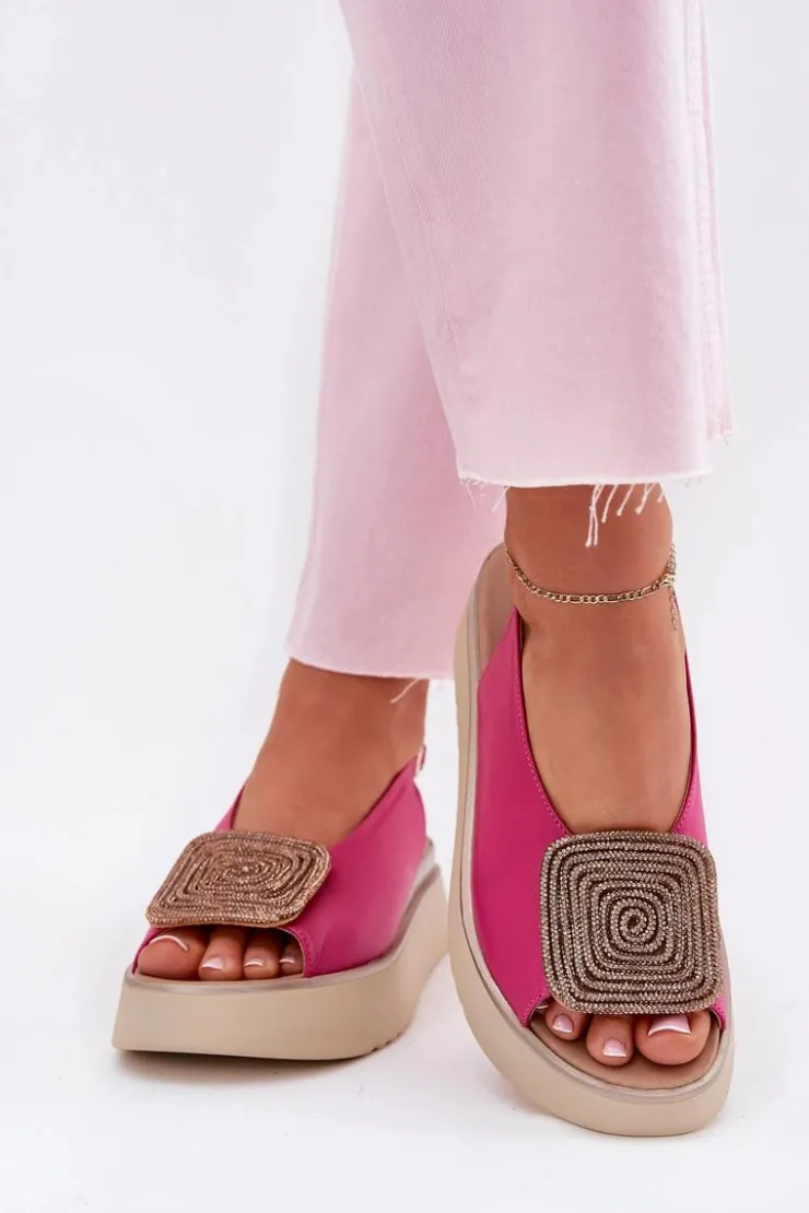 Outlet Zazoo 1786 Skórzane Sandały Damskie Na Platformie Z Ozdobą Fuksja