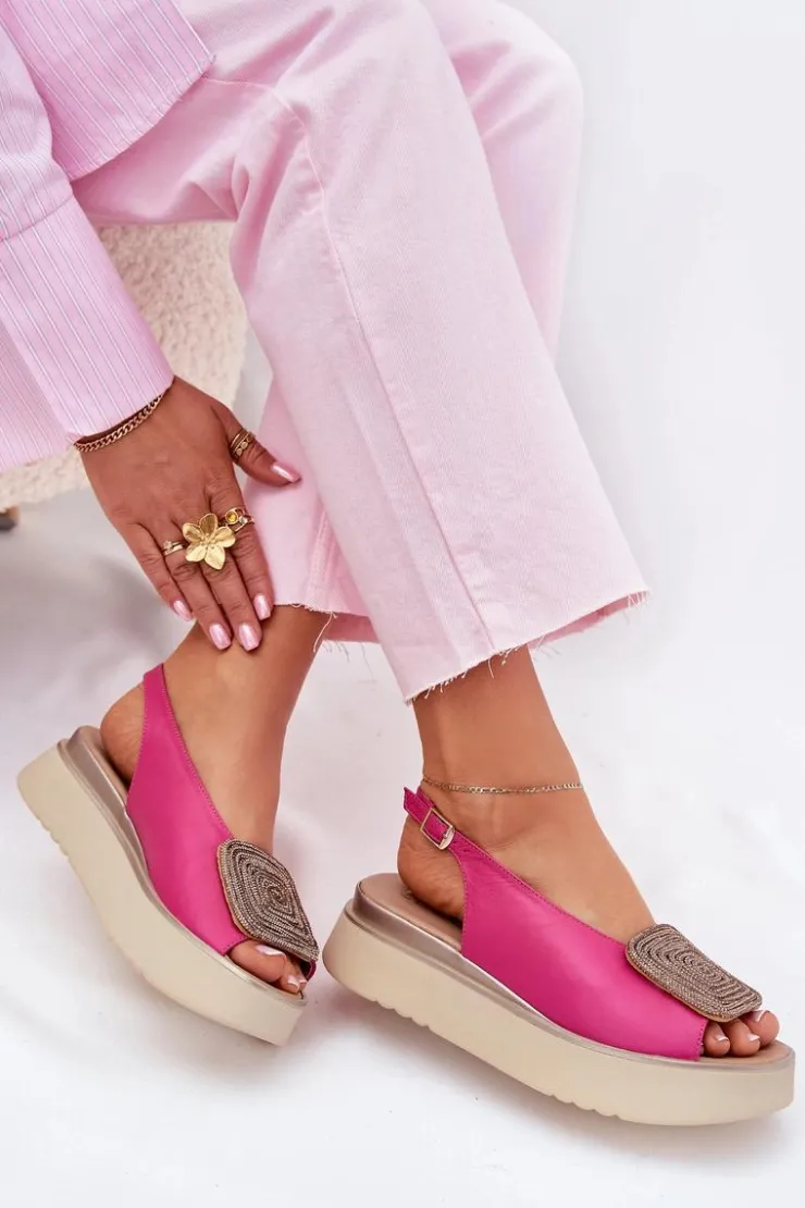 Outlet Zazoo 1786 Skórzane Sandały Damskie Na Platformie Z Ozdobą Fuksja