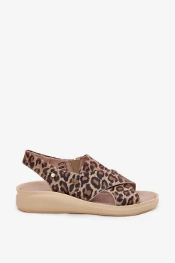 Zazoo Sandały Na Obcasie|Sandały Na Koturnie*40392 Skórzane Sandały Damskie Panterka Brązowe Brązowy