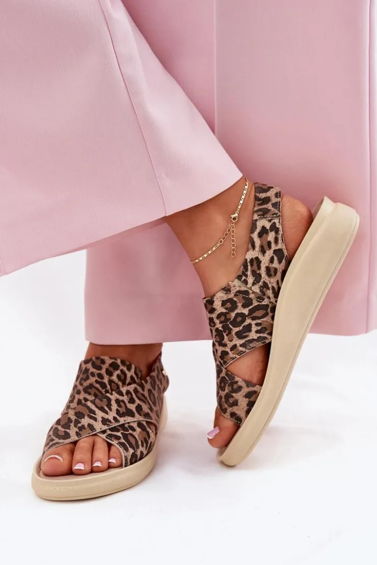 Zazoo Sandały Na Obcasie|Sandały Na Koturnie*40392 Skórzane Sandały Damskie Panterka Brązowe Brązowy