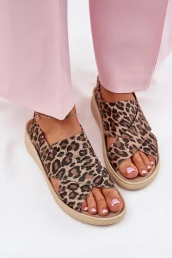 Zazoo Sandały Na Obcasie|Sandały Na Koturnie*40392 Skórzane Sandały Damskie Panterka Brązowe Brązowy