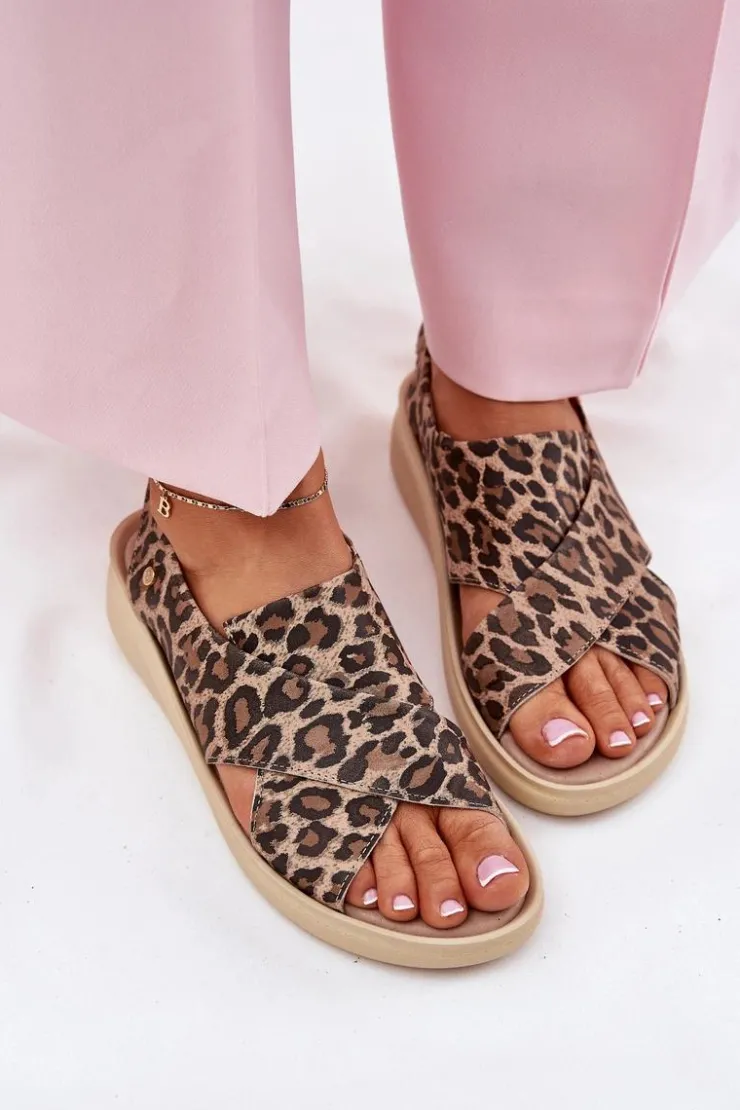 Zazoo Sandały Na Obcasie|Sandały Na Koturnie*40392 Skórzane Sandały Damskie Panterka Brązowe Brązowy