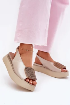 Damskie Zazoo 1786 Skórzane Sandały Damskie Na Platformie Z Ozdobą Perłowy Beż