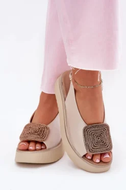 Damskie Zazoo 1786 Skórzane Sandały Damskie Na Platformie Z Ozdobą Perłowy Beż