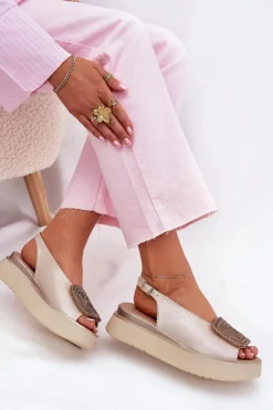 Damskie Zazoo 1786 Skórzane Sandały Damskie Na Platformie Z Ozdobą Perłowy Beż