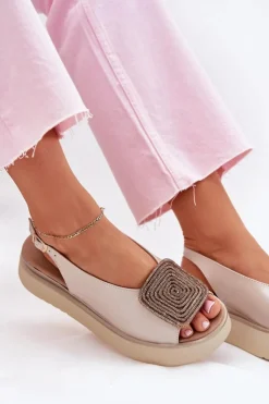 Damskie Zazoo 1786 Skórzane Sandały Damskie Na Platformie Z Ozdobą Perłowy Beż