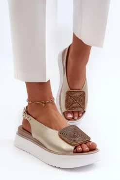 Damskie Zazoo 1786 Skórzane Sandały Damskie Na Platformie Z Ozdobą Złote