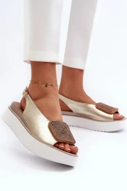 Damskie Zazoo 1786 Skórzane Sandały Damskie Na Platformie Z Ozdobą Złote