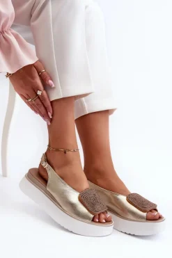 Damskie Zazoo 1786 Skórzane Sandały Damskie Na Platformie Z Ozdobą Złote