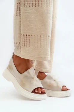 Zazoo Sandały Płaskie*2939 Skórzane Sandały Damskie Z Kokardką Złoty Przecierany