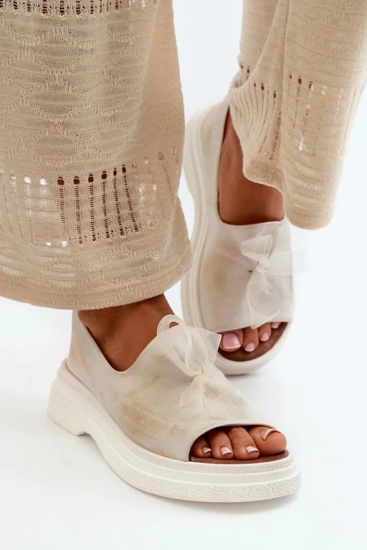 Zazoo Sandały Płaskie*2939 Skórzane Sandały Damskie Z Kokardką Złoty Przecierany