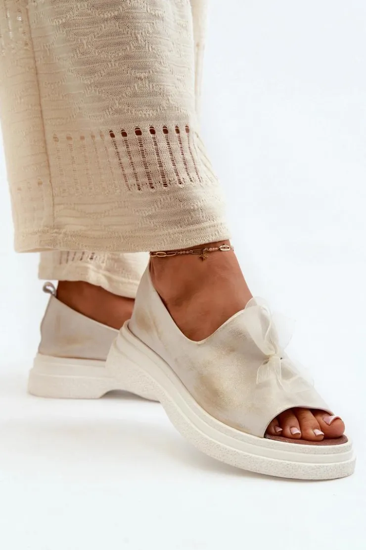 Zazoo Sandały Płaskie*2939 Skórzane Sandały Damskie Z Kokardką Złoty Przecierany