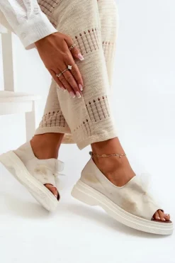 Zazoo Sandały Płaskie*2939 Skórzane Sandały Damskie Z Kokardką Złoty Przecierany