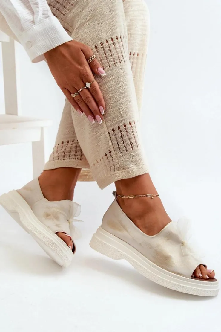 Zazoo Sandały Płaskie*2939 Skórzane Sandały Damskie Z Kokardką Złoty Przecierany