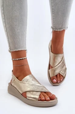 Damskie Zazoo 40392 Skórzane Sandały Damskie Złote